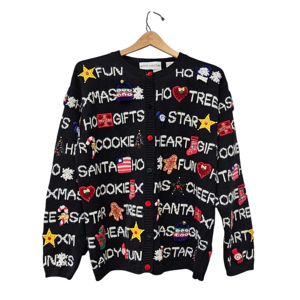 Marisa Chistina Vtg 3D Christmas Cardigan Sweater XL Festive Words Embroidered